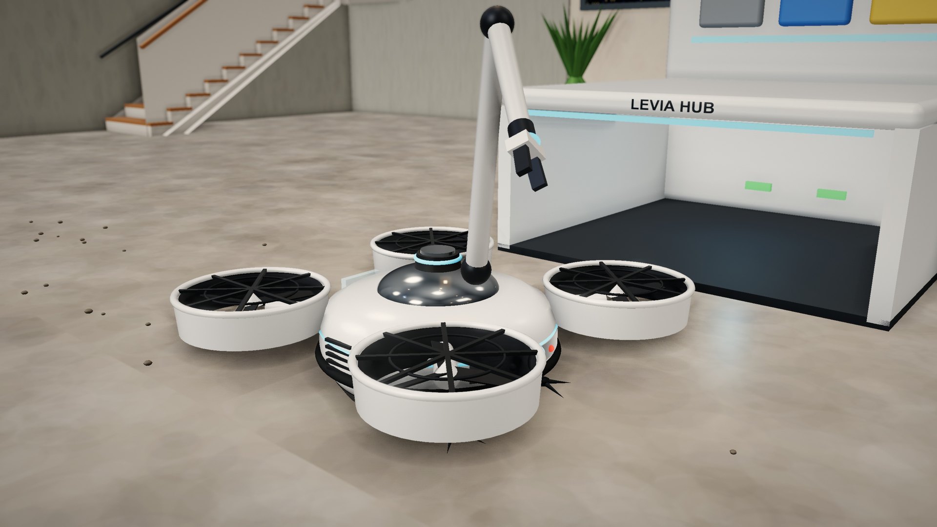 Levia in front of its Hub, with the charging bay open