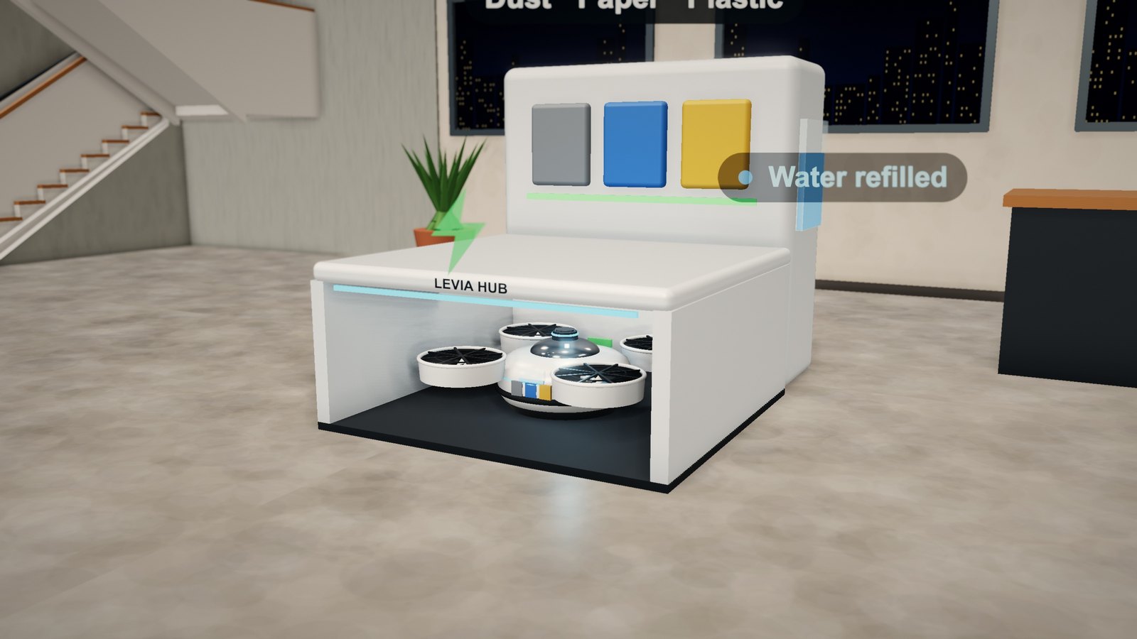Levia at its Hub with three sorted waste bins and a clean-water tank