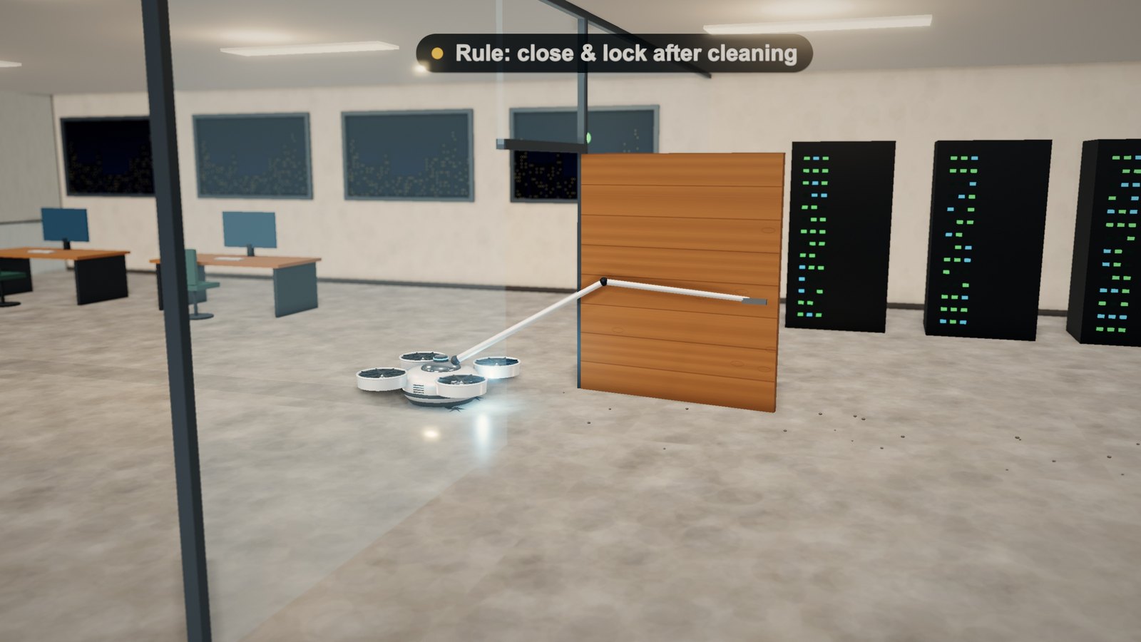 Levia's arm opening the server room door