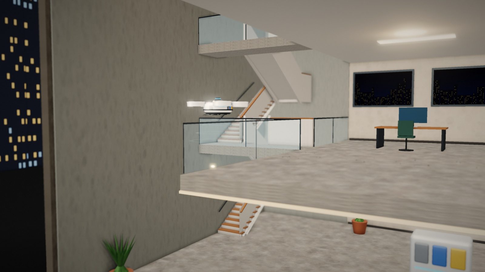 Levia flying up the atrium past the staircase
