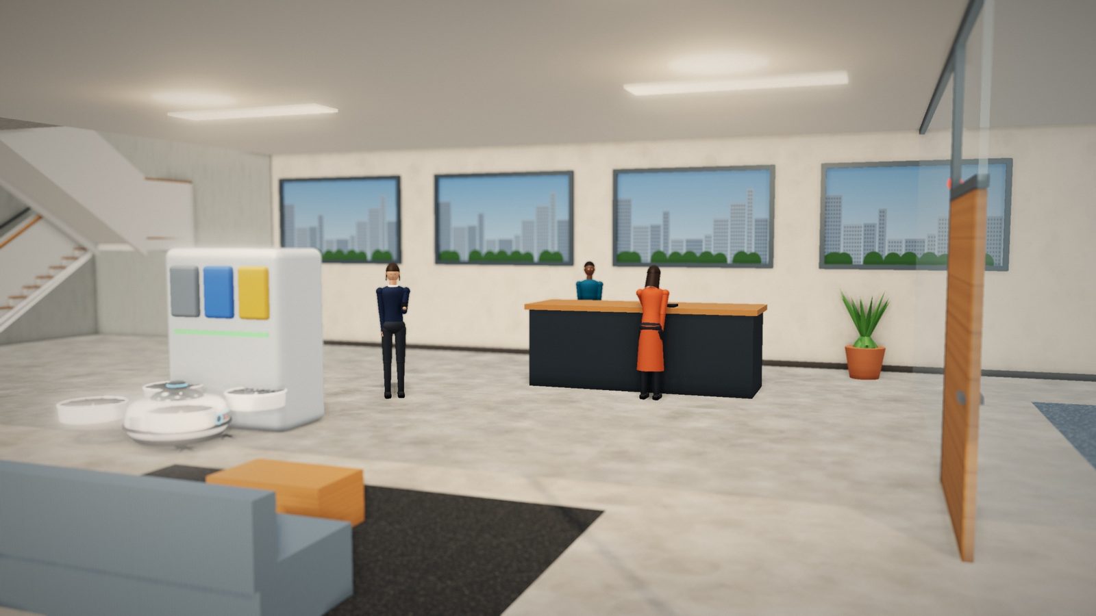 Morning lobby with a visitor collecting her keys at reception