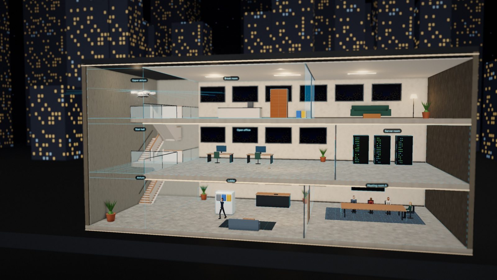 Blue LiDAR outlines of every room across three floors