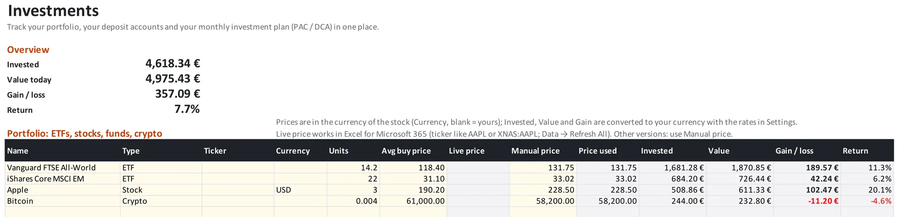 Investments sheet with portfolio and returns